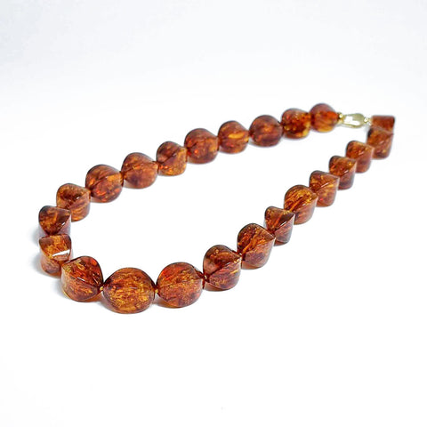 Cognac Amber Twisted Olive Beads Necklace 14k Gold Plated