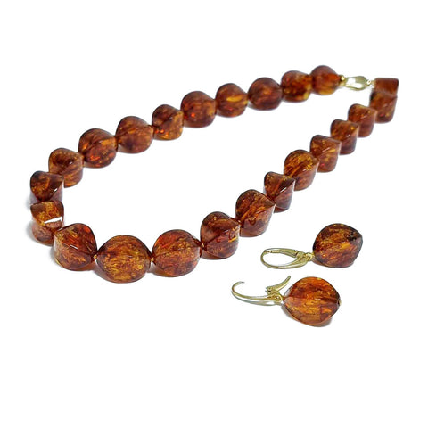 Cognac Amber Twisted Olive Beads Necklace 14k Gold Plated