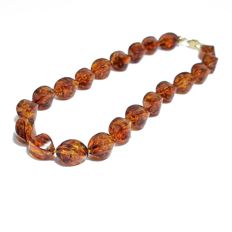 Cognac Amber Twisted Olive Beads Necklace 14k Gold Plated