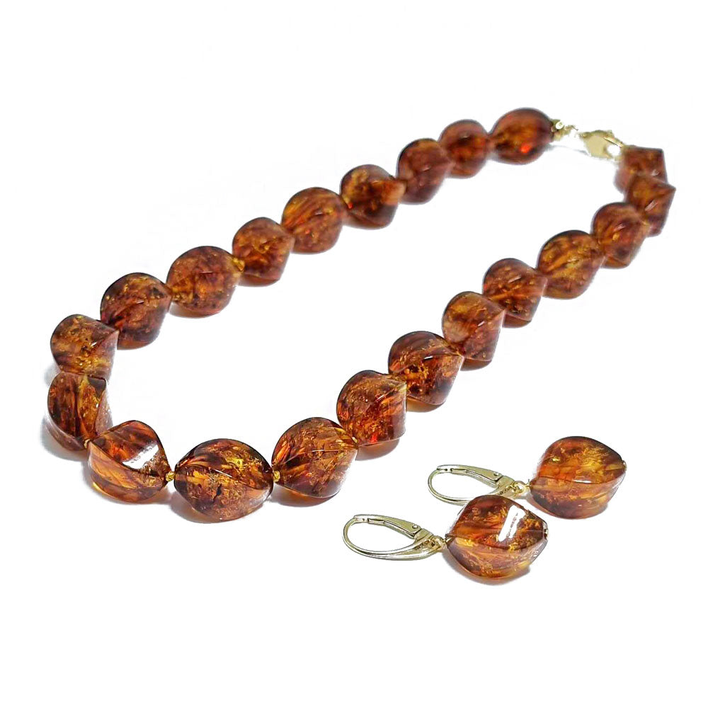 Cognac Amber Twisted Olive Beads Necklace 14k Gold Plated