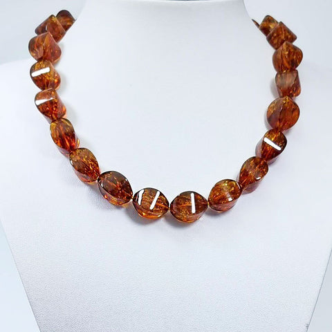 Cognac Amber Twisted Olive Beads Necklace 14k Gold Plated