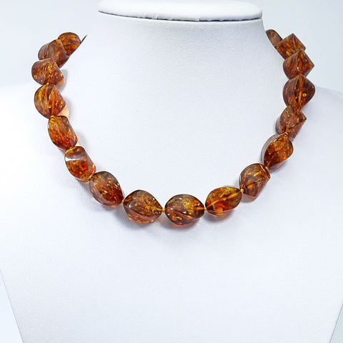 Cognac Amber Twisted Olive Beads Necklace 14k Gold Plated