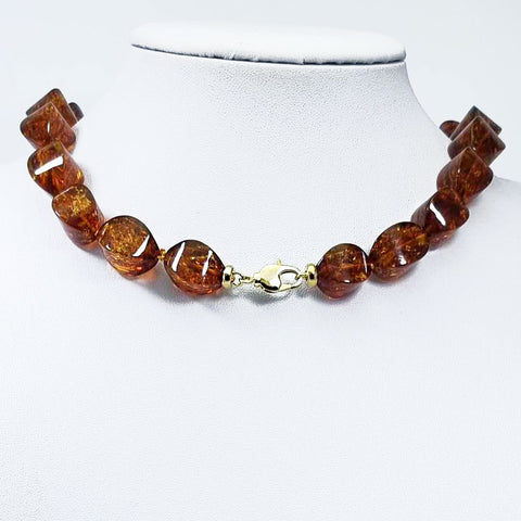 Cognac Amber Twisted Olive Beads Necklace 14k Gold Plated