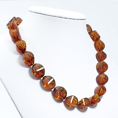 Cognac Amber Twisted Olive Beads Necklace 14k Gold Plated