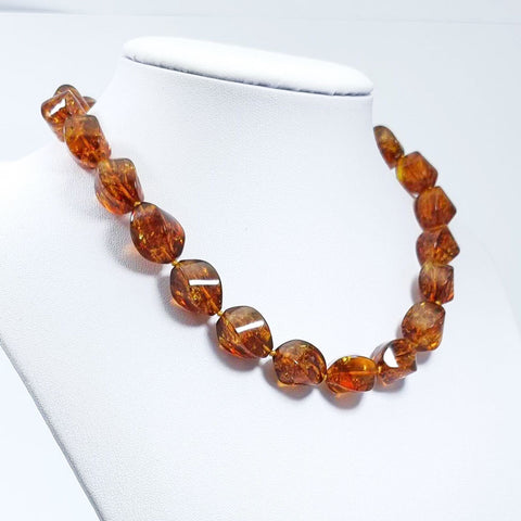 Cognac Amber Twisted Olive Beads Necklace 14k Gold Plated