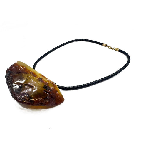 Milky Amber Free Shape Pendant Necklace With Leather