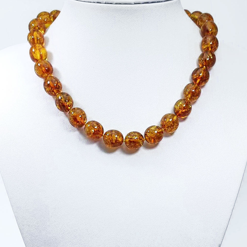 Cognac Amber Olive Beads Necklace 14k Gold Plated