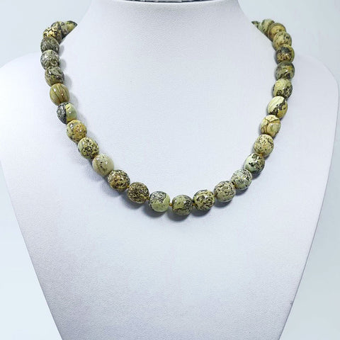 Milky Fossil Amber Olive Beads Necklace Sterling Silver