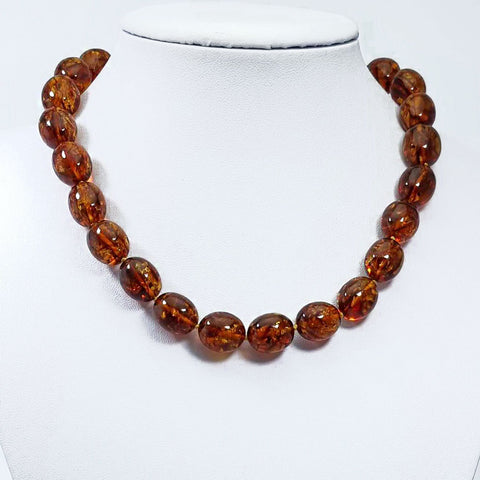 Cognac Amber Olive Beads Necklace 14k Gold Plated