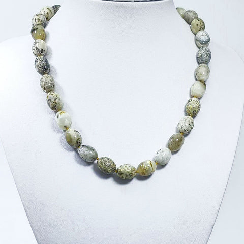 Milky Fossil Amber Olive Beads Necklace Sterling Silver