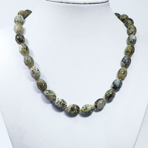 Milky Fossil Amber Olive Beads Necklace Sterling Silver