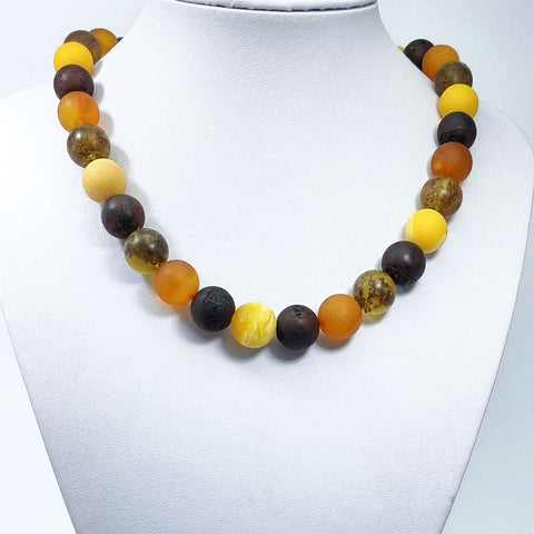 Multi-Color Amber Round Beads Necklace Sterling Silver