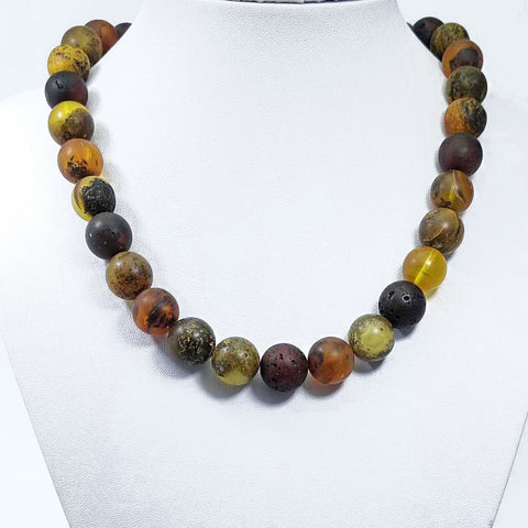 Multi-Color Amber Round Beads Necklace Sterling Silver