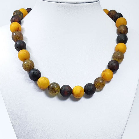 Multi-Color Amber Round Beads Necklace Sterling Silver