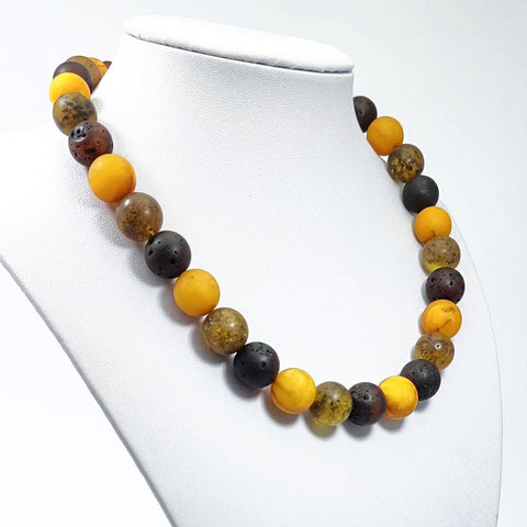 Multi-Color Amber Round Beads Necklace Sterling Silver