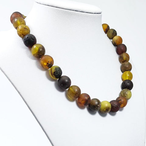 Multi-Color Amber Round Beads Necklace Sterling Silver