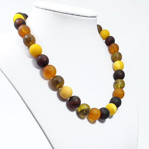 Multi-Color Amber Round Beads Necklace Sterling Silver