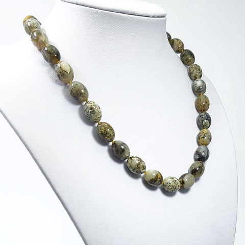 Milky Fossil Amber Olive Beads Necklace Sterling Silver