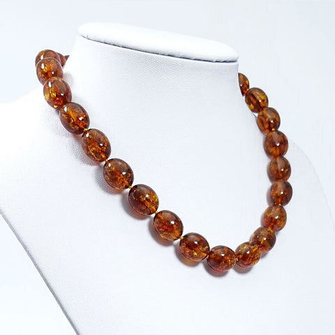 Cognac Amber Olive Beads Necklace 14k Gold Plated