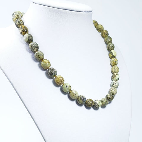 Milky Fossil Amber Olive Beads Necklace Sterling Silver