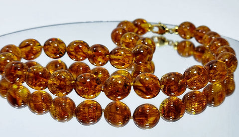 Cognac Amber Olive Beads Necklace 14k Gold Plated