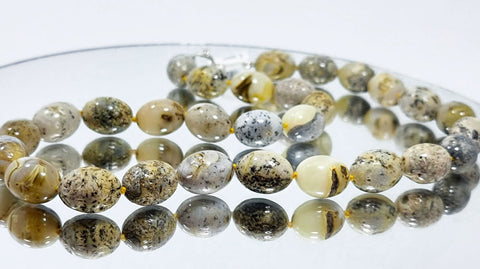 Milky Fossil Amber Olive Beads Necklace Sterling Silver