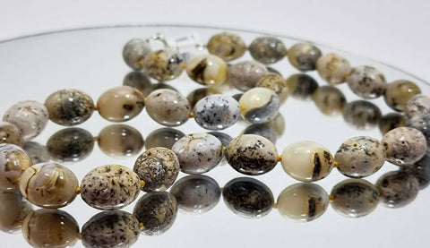 Milky Fossil Amber Olive Beads Necklace Sterling Silver