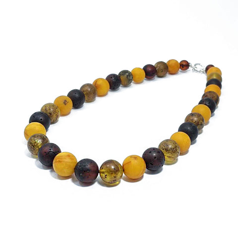 Multi-Color Amber Round Beads Necklace Sterling Silver