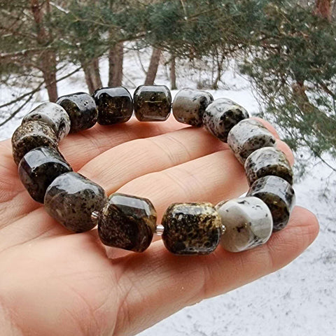 Milky Fossil Amber Barrel Beads Stretch Bracelet