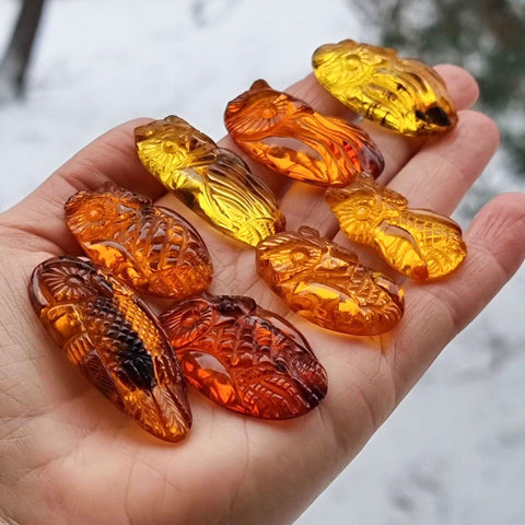 Cognac Amber Handmade Carved Owl Cabochons