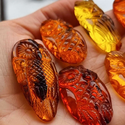 Cognac Amber Handmade Carved Owl Cabochons