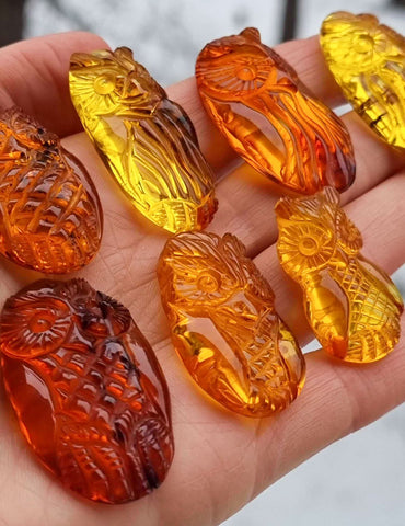 Cognac Amber Handmade Carved Owl Cabochons