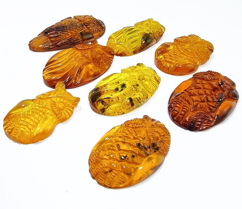 Cognac Amber Handmade Carved Owl Cabochons