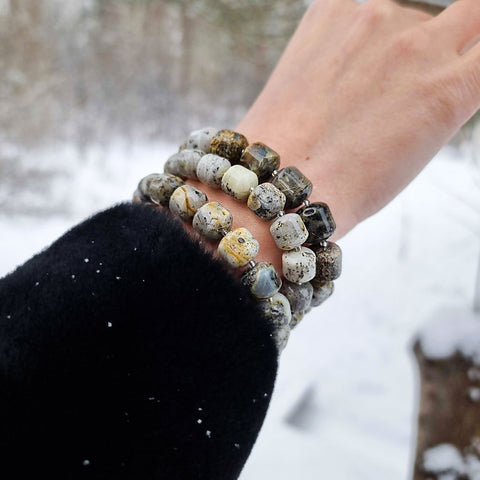 Milky Fossil Amber Barrel Beads Stretch Bracelet