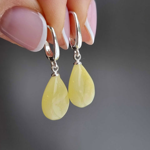 Milky Amber Drop Dangle Earrings Sterling Silver