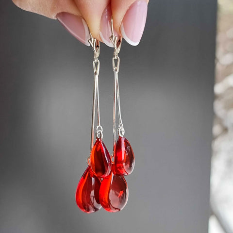 Red Amber Drop Dangle Earrings Sterling Silver