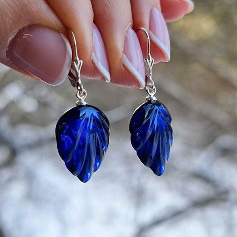 Blue Amber Leaf Dangle Earrings Sterling Silver