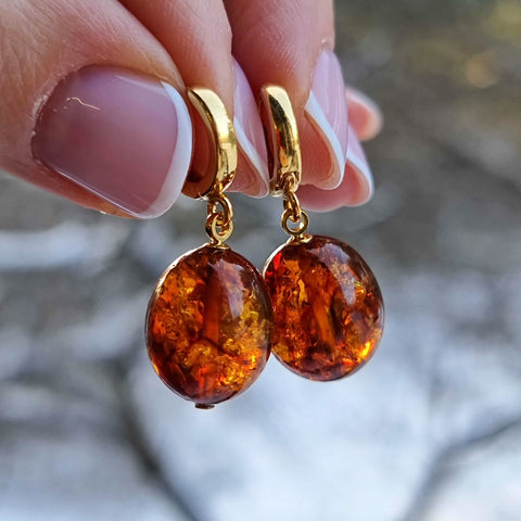 Cognac Amber Olive Dangle Earrings 14K Gold Plated