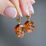 Cognac Amber Twisted Olive Dangle Earrings 14K Gold Plated