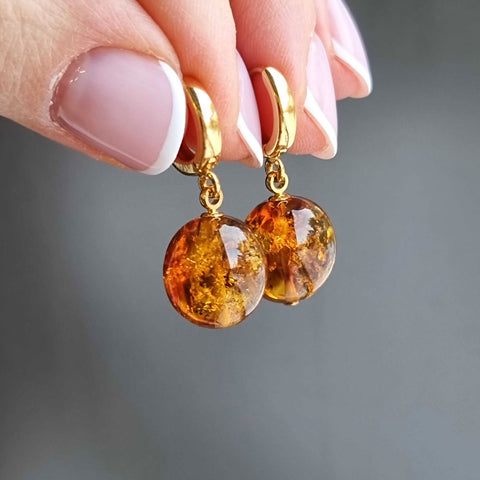 Cognac Amber Olive Dangle Earrings 14K Gold Plated