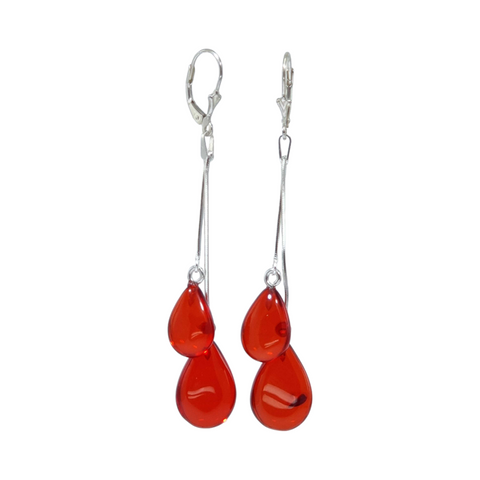 Red Amber Drop Dangle Earrings Sterling Silver