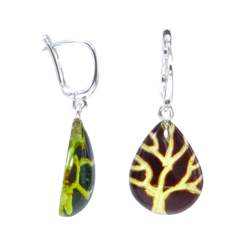 Cherry Amber Engraved Tree Drop Dangle Earrings Sterling Silver