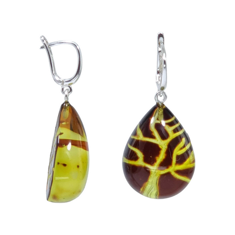 Cherry Amber Engraved Tree Drop Dangle Earrings Sterling Silver