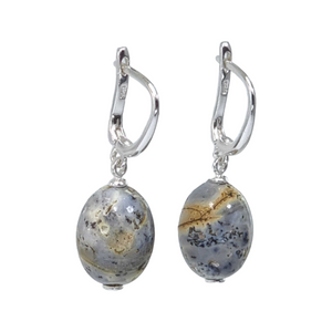 Milky Fossil Amber Olive Dangle Earrings Sterling Silver