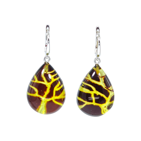 Cherry Amber Engraved Tree Drop Dangle Earrings Sterling Silver