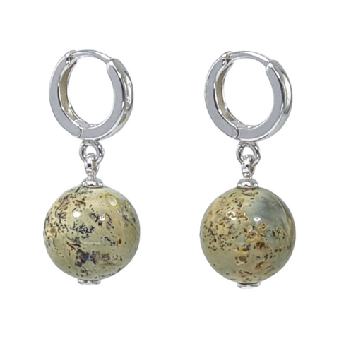 Milky Fossil Amber Round Dangle Earrings Sterling Silver