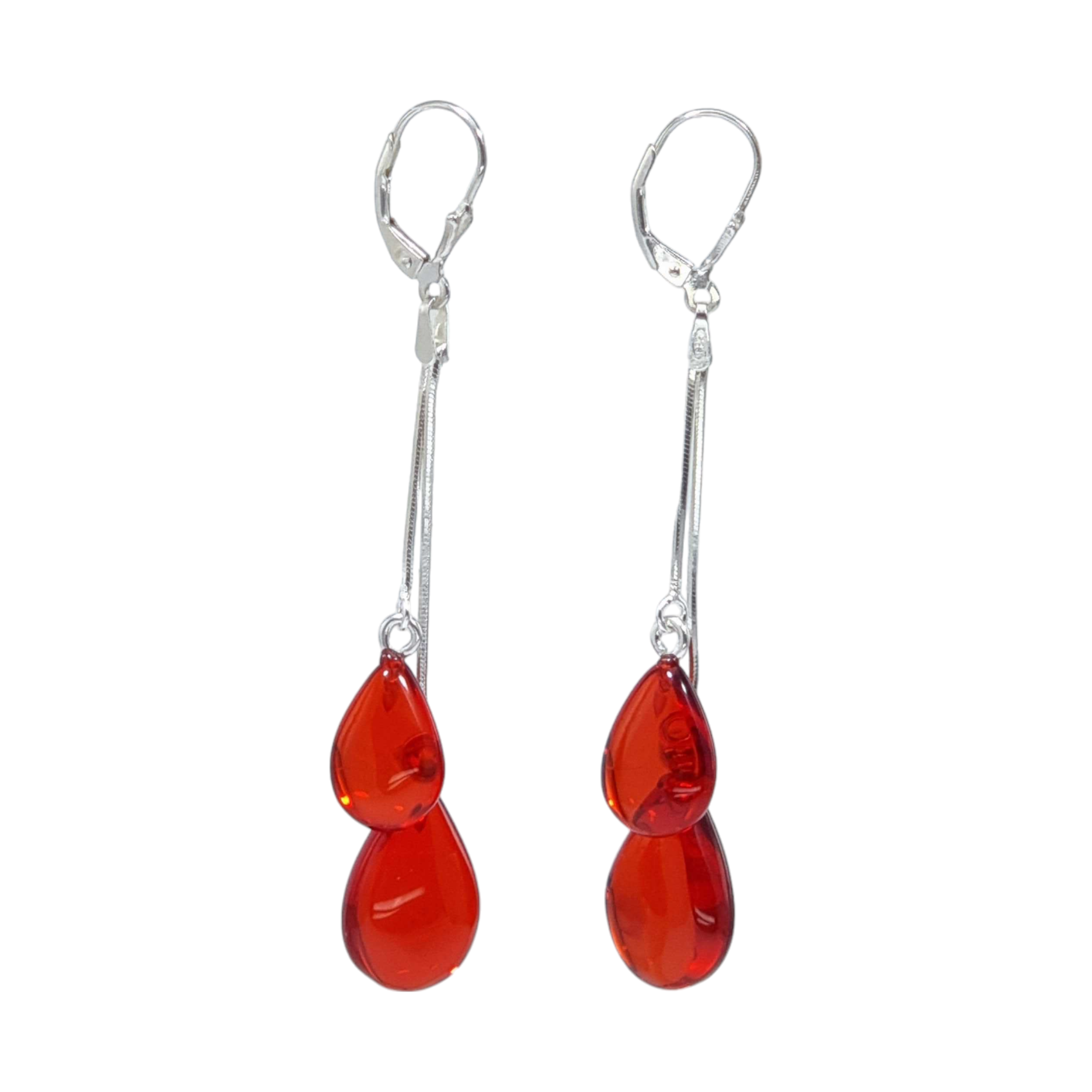 Red Amber Drop Dangle Earrings Sterling Silver