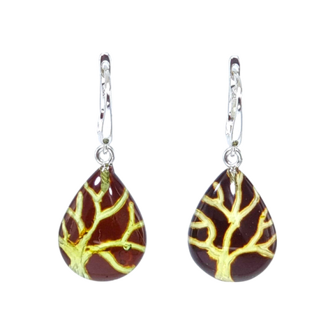 Cherry Amber Engraved Tree Drop Dangle Earrings Sterling Silver