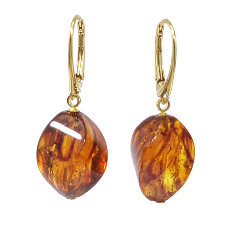 Cognac Amber Twisted Olive Dangle Earrings 14K Gold Plated