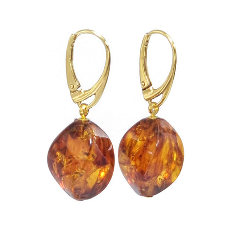 Cognac Amber Twisted Olive Dangle Earrings 14K Gold Plated